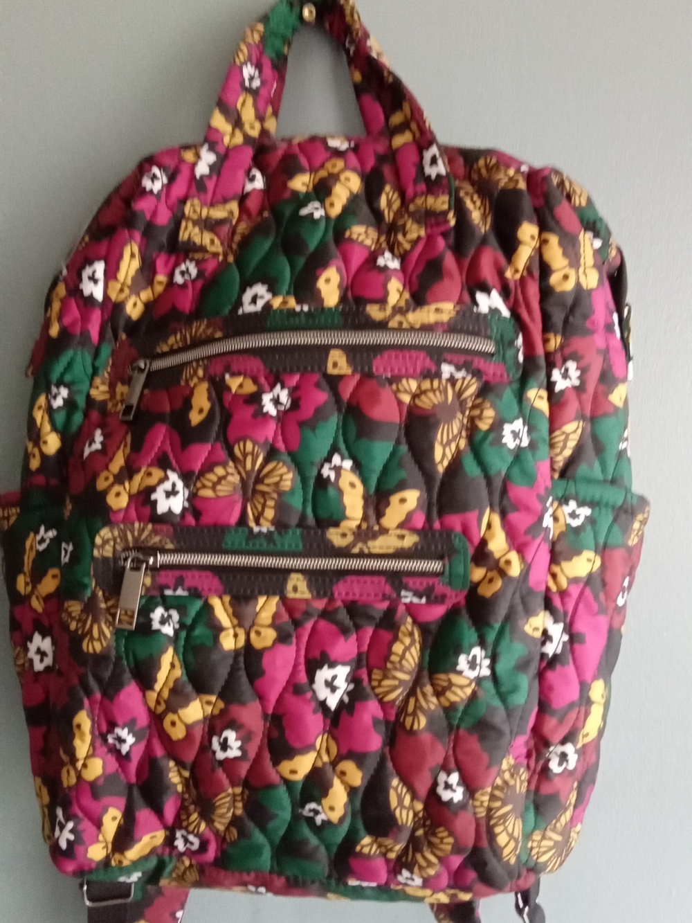 Quilted‎ Butterfly Floral Backpack Multi Color Zippered Pockets Travel Bag